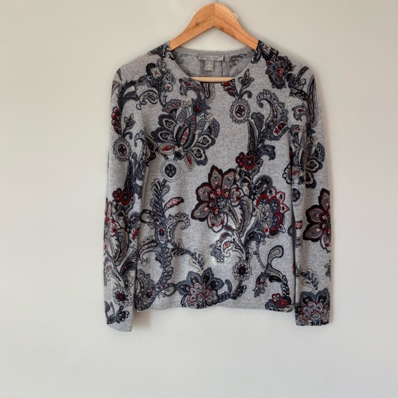 ply cashmere Sweaters - Cashmere by Charter Club grey floral print woman’s sweater.
